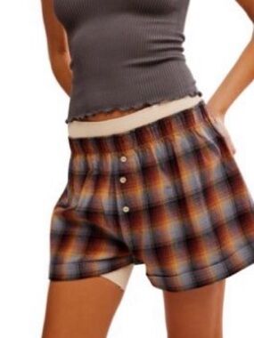 Plaid Button-Front Boxer Shorts - Rust, Navy & Cream